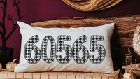 personalized black and white grunge harlequin pillow for dorm, custom zip code lumbar pillow home decor, girly gothic gifts for home, moving