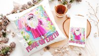 hippie Santa throw pillows for couch, peace on earth kitchen towels for Christmas, hot pink Santa Claus holiday hosting decor home decor