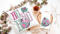 ho ho ho turquoise Christmas throw pillow covers 18x18, bright pink Christmas kitchen towels, girly Christmas gifts for adult daughter, best