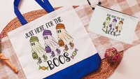 just here for the boos trick or treat bags for girls, funny Halloween tote bag for women, boo basket gifts for her, checkered ghost makeup