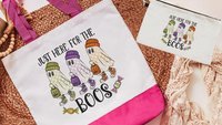 just here for the boos trick or treat bags for girls, funny Halloween tote bag for women, boo basket gifts for her, checkered ghost makeup