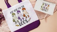 just here for the boos trick or treat bags for girls, funny Halloween tote bag for women, boo basket gifts for her, checkered ghost makeup