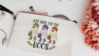 just here for the boos trick or treat bags for girls, funny Halloween tote bag for women, boo basket gifts for her, checkered ghost makeup