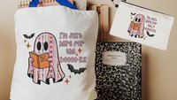 just here for the books librarian tote bag for women, bookish ghost trick or treat bags for girls, cute Halloween coquette makeup bags best