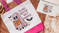 just here for the books librarian tote bag for women, bookish ghost trick or treat bags for girls, cute Halloween coquette makeup bags best