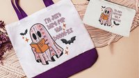 just here for the books librarian tote bag for women, bookish ghost trick or treat bags for girls, cute Halloween coquette makeup bags best