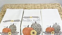 hello fall kitchen towel set, leopard pumpkin decor, sunflower gifts for Mom, new apartment gift for her, fall decorations for home, October