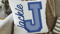 personalized royal blue seersucker pillow with name, trendy Christmas gifts for girls, teenage girl gifts, initial throw pillow for dorm