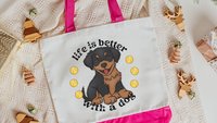 Life is better with a dog, rottweiler tote bag
