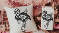 flamingo skeleton throw pillows for living room, spooky cute Halloween decor for gifts, boo basket stuffers for girlfriend, beach goth gifts