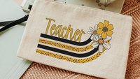 orange and white daisy pencil pouch personalized cute makeup bag, orange school spirit school supplies, first grade teacher gifts for women