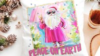 hippie Santa throw pillows for couch, peace on earth kitchen towels for Christmas, hot pink Santa Claus holiday hosting decor home decor