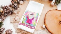 hippie Santa throw pillows for couch, peace on earth kitchen towels for Christmas, hot pink Santa Claus holiday hosting decor home decor