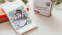 cute snowman throw pillow covers 18x18, pale pink snowflake kitchen towels, girly Christmas gifts for adult daughter, aqua Christmas decor