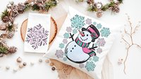 cute snowman throw pillow covers 18x18, pale pink snowflake kitchen towels, girly Christmas gifts for adult daughter, aqua Christmas decor