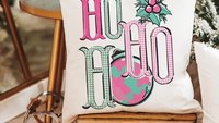 ho ho ho turquoise Christmas throw pillow covers 18x18, bright pink Christmas kitchen towels, girly Christmas gifts for adult daughter, best