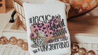 with Jesus in her heart leopard print throw pillows best sellers, Christian kitchen towels, religious Christmas gifts for godmother, coffee