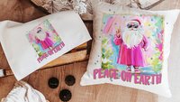hippie Santa throw pillows for couch, peace on earth kitchen towels for Christmas, hot pink Santa Claus holiday hosting decor home decor