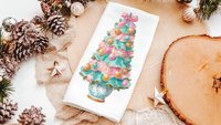pastel Christmas tree throw pillows for couch pink grandmillenial Christmas kitchen towels for winter, holiday hosting decor home decor gift