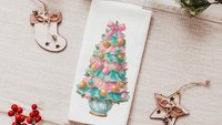 pastel Christmas tree throw pillows for couch pink grandmillenial Christmas kitchen towels for winter, holiday hosting decor home decor gift