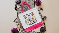 just here for the boos trick or treat bags for girls, funny Halloween tote bag for women, boo basket gifts for her, checkered ghost makeup