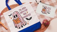 just here for the books librarian tote bag for women, bookish ghost trick or treat bags for girls, cute Halloween coquette makeup bags best