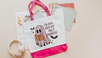 just here for the books librarian tote bag for women, bookish ghost trick or treat bags for girls, cute Halloween coquette makeup bags best