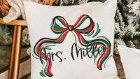 personalized Christmas coquette throw pillow with name, red and green Christmas bow accent pillow for couch, whimsical Christmas gifts for