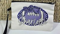 personalized purple seersucker makeup bag, purple school pride purple school supplies, seersucker football game day accessories, cheer squad