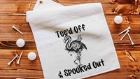flamingo skeleton funny golf towels with grommet, Halloween golf ball towel with hook, flamingo gifts for women, spooky cute golf gifts for
