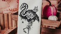 flamingo skeleton throw pillows for living room, spooky cute Halloween decor for gifts, boo basket stuffers for girlfriend, beach goth gifts