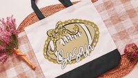 personalized seersucker football tote bag for back to school, gold school spirit items, girly football tote for games, football mom gifts