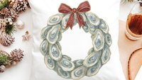 oyster shell Christmas wreath decorative pillows for couch, coastal Christmas throw pillow covers 18 x 18, oyster Christmas home decor gifts