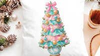 pastel Christmas tree throw pillows for couch pink grandmillenial Christmas kitchen towels for winter, holiday hosting decor home decor gift