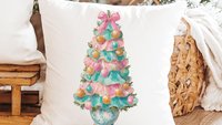 pastel Christmas tree throw pillows for couch pink grandmillenial Christmas kitchen towels for winter, holiday hosting decor home decor gift