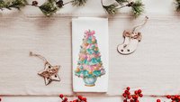 pastel Christmas tree throw pillows for couch pink grandmillenial Christmas kitchen towels for winter, holiday hosting decor home decor gift
