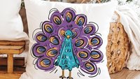 purple peacock decorative accent pillows for dorm room, cute peacock gifts, turquoise peacock kitchen towels for friends, teal peacock decor