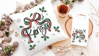 personalized mistletoe and holly Christmas coquette throw pillow with name, Christmas bow accent pillow for couch, cute Christmas gifts for