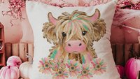 highland cow throw pillows for couch pink cow decor for bedroom, cute cow Christmas gifts for little girls, shaggy cow nursery decor girl
