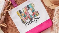 faux patchwork Michigan tote bag for library books, Michigan Christmas gifts for realtors, boho Michigan girls trip tote bags for women
