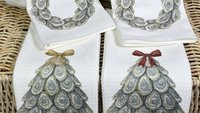 oyster shell Christmas tree kitchen towels for winter, oyster Christmas home decor gifts for Mom, oyster shell Christmas wreath hand towels
