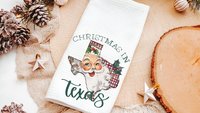 Santa throw pillows for couch, Texas kitchen towels for winter, holiday hosting decor home decor gift, Texas Christmas gifts for neighbors