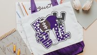 high school football cheer tote bag for school, tailgate essentials, purple school spirit tote bags for back to school, cheer squad gifts
