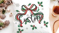 personalized mistletoe and holly Christmas coquette throw pillow with name, Christmas bow accent pillow for couch, cute Christmas gifts for