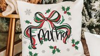 personalized mistletoe and holly Christmas coquette throw pillow with name, Christmas bow accent pillow for couch, cute Christmas gifts for