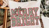 merry and bright preppy Christmas throw pillows for couch red and green seersucker Christmas decor, holiday hosting decor home decor gift