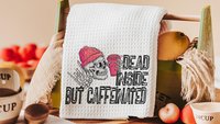dead inside but caffeinated funny kitchen towels women gifts, coffee bar decor, sarcastic gifts for coworkers, coffee addict hand towels for