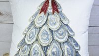 oyster shell Christmas tree kitchen towels for winter, oyster Christmas home decor gifts for Mom, oyster shell Christmas wreath hand towels