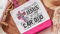 walking with Jesus Christian tote bags for women, religious Christmas gifts for godmother, walking with the Lord is my cardio faith based