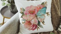 watercolor flower pink butterfly throw pillows for couch floral decorative pillows for girls, secret Santa gifts for her, muted teal decor